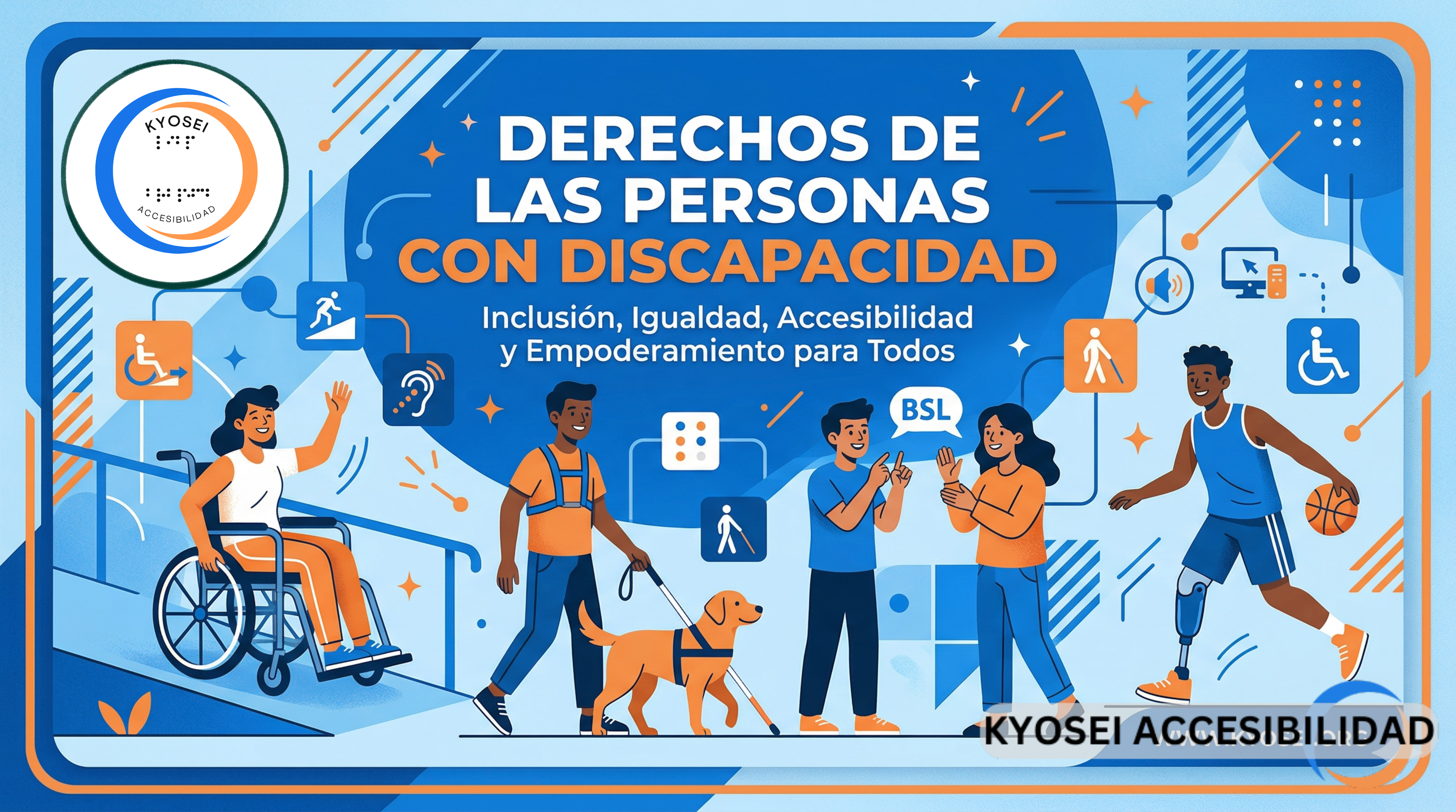 Derechos de las personas con discapacidad. Inclusión, igualdad, accesibilidad y empoderamiento para todos. Dibujo con personas con discapacidad.
